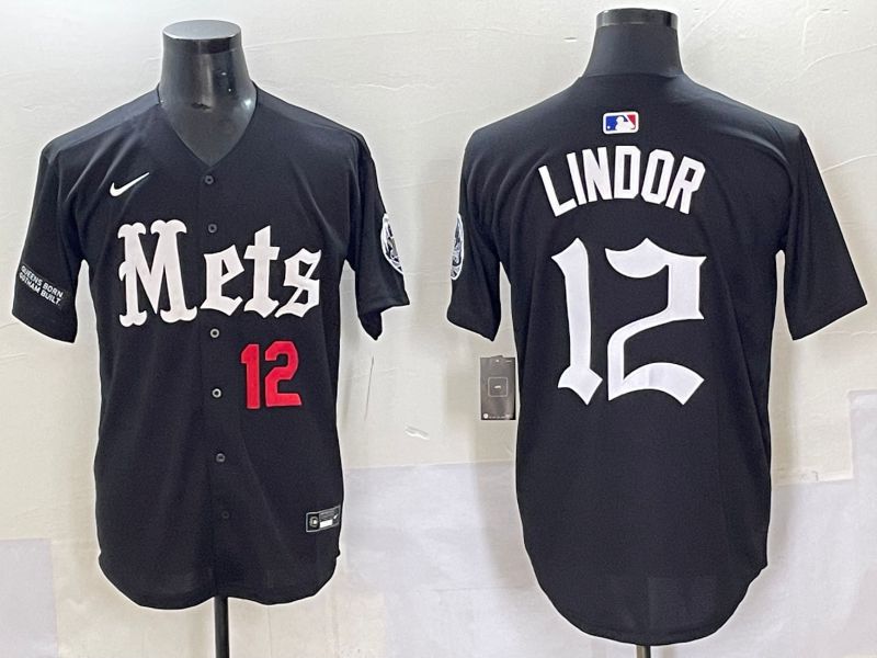 Men 2025 New York Mets #12 Lindor Black Five generations Joint Name Nike MLB Jersey style 7